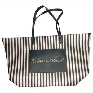 Victoria's Secret Pink & Black Stripe Vegan Leather Weekender Tote Bag Purse